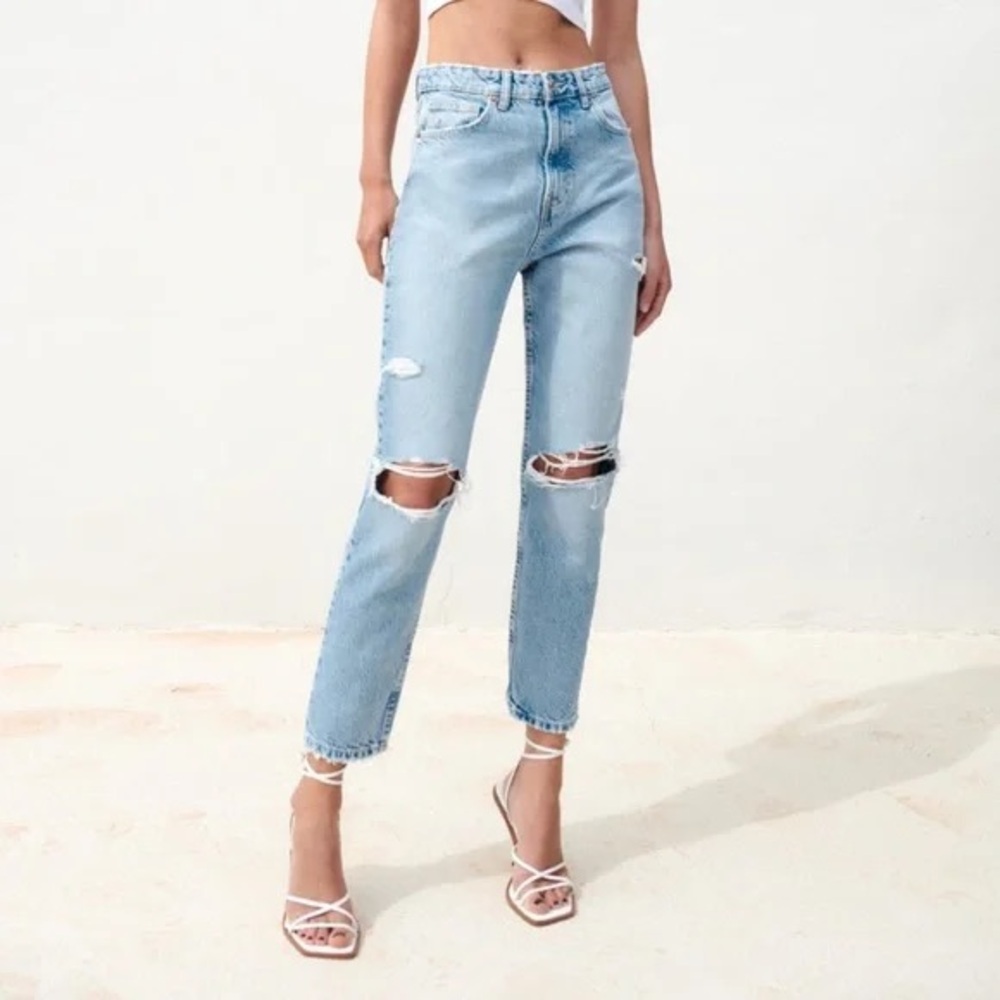 Zara High Rise Light Blue Ripped Jeans